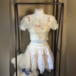 Elegant Cream and Pink Lace Top and Skirt Set